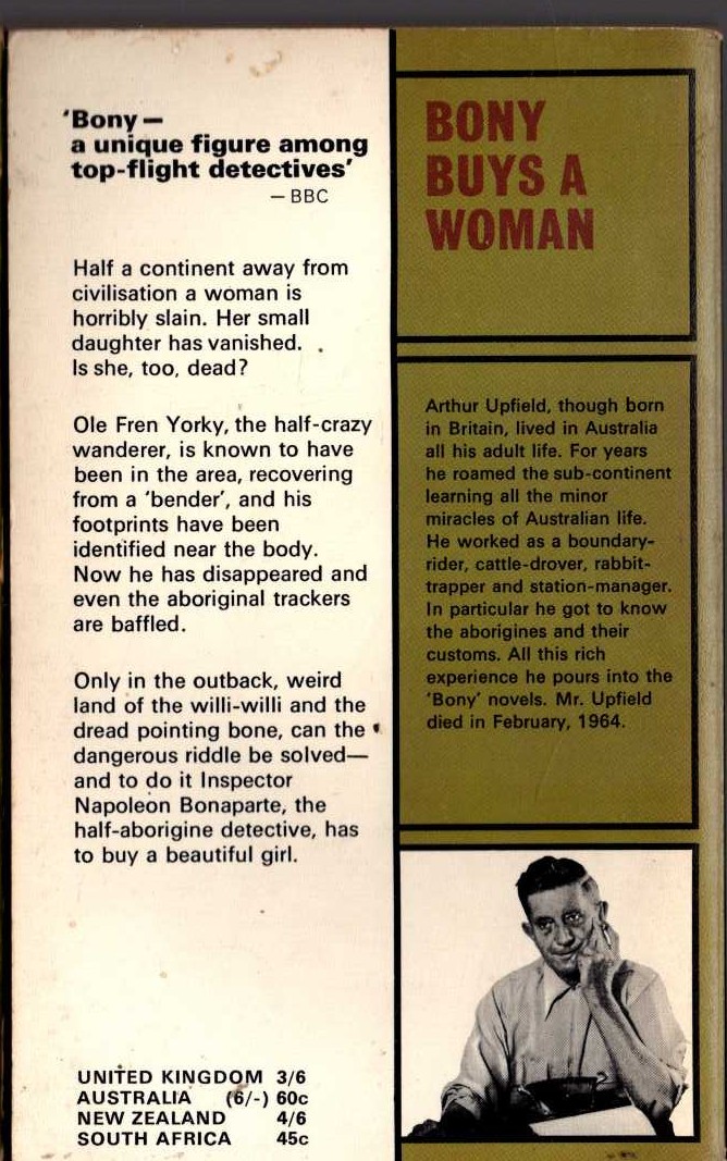 Arthur Upfield  BONY BUYS A WOMAN magnified rear book cover image