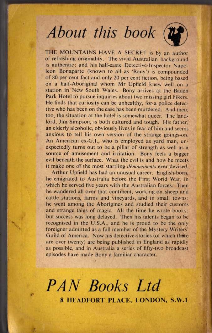 Arthur Upfield  THE MOUNTAINS HAVE A SECRET magnified rear book cover image