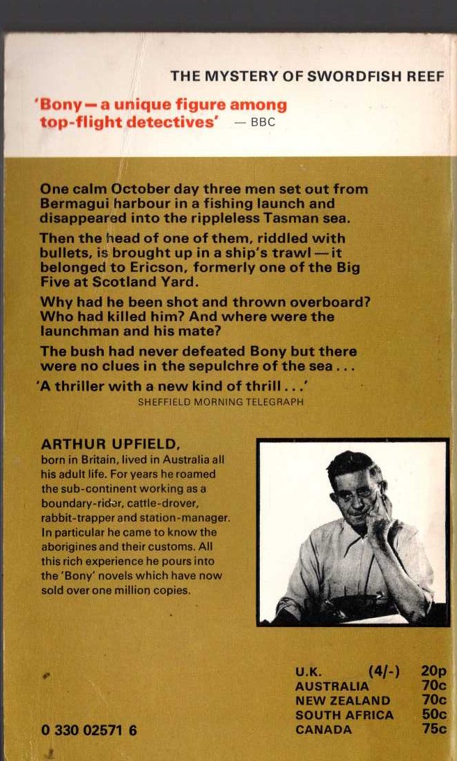 Arthur Upfield  THE MYSTERY OF SWORDFISH REEF magnified rear book cover image