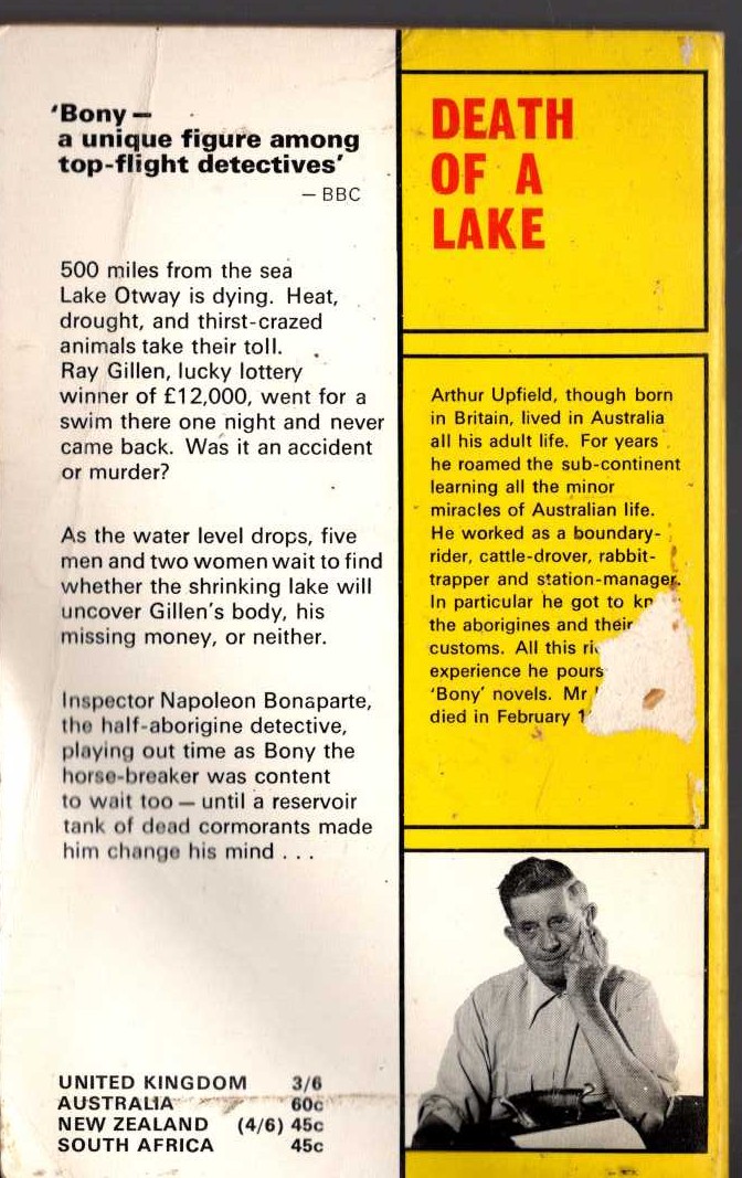 Arthur Upfield  DEATH OF A LAKE magnified rear book cover image