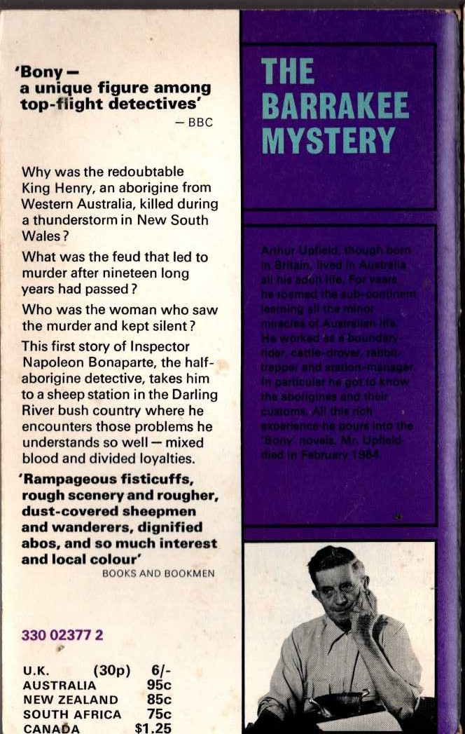 Arthur Upfield  THE BARRAKEE MYSTERY magnified rear book cover image