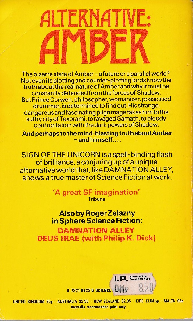 Roger Zelazny  SIGN OF THE UNICORN magnified rear book cover image