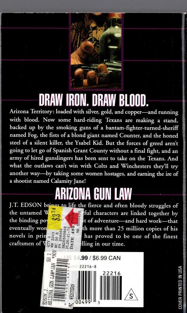 J.T. Edson  ARIZONA GUN LAW magnified rear book cover image