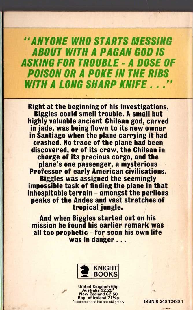 Captain W.E. Johns  BIGGLES AND THE LITTLE GREEN GOD magnified rear book cover image