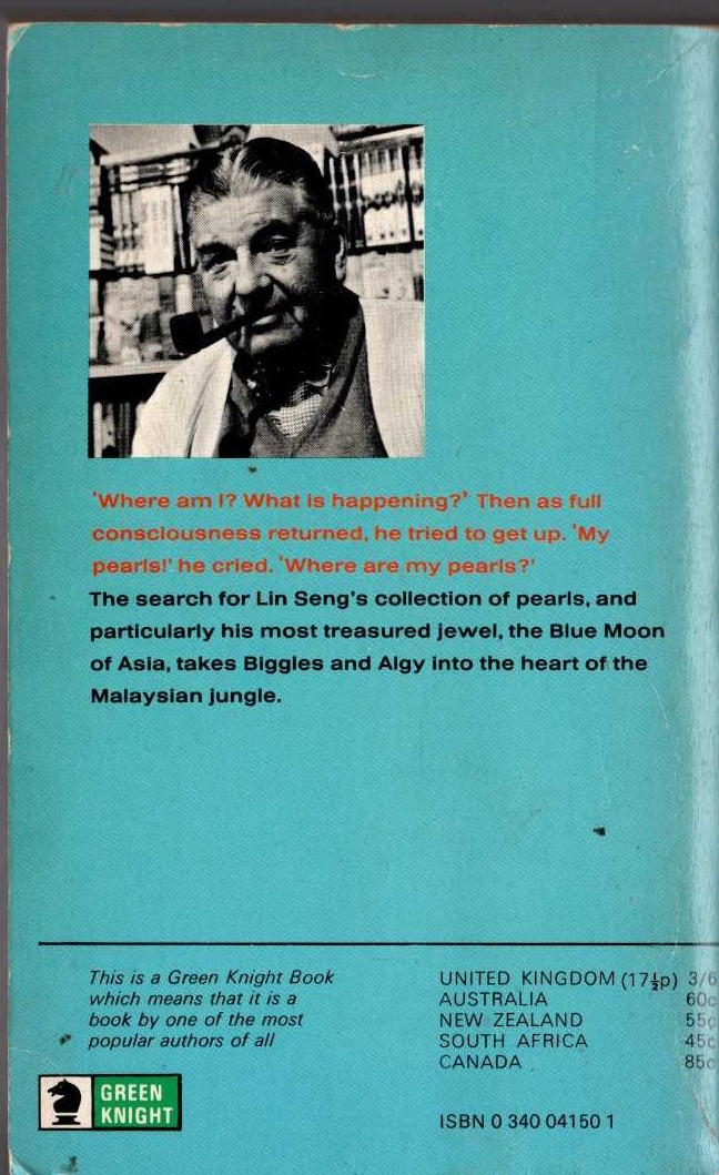 Captain W.E. Johns  BIGGLES AND THE BLUE MOON magnified rear book cover image