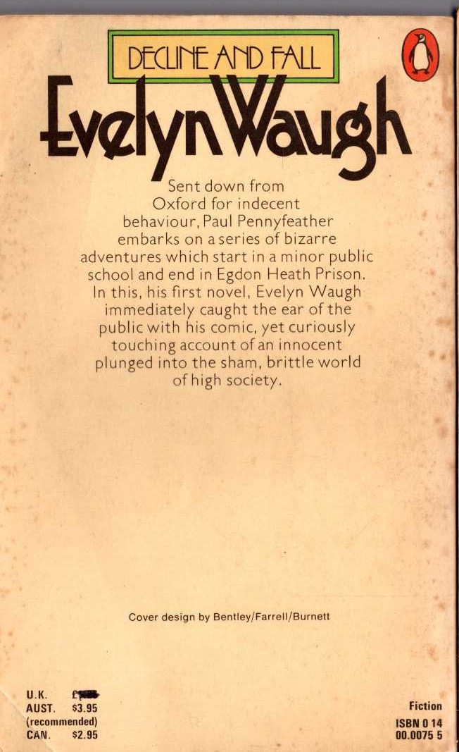 Evelyn Waugh  DECLINE AND FALL magnified rear book cover image