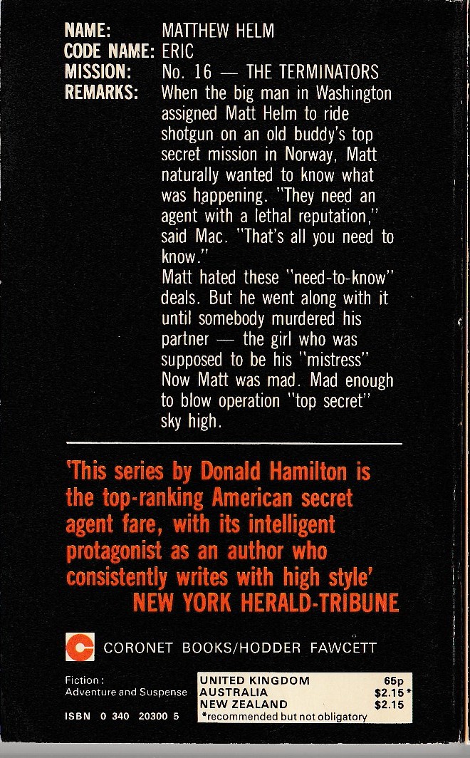 Donald Hamilton  THE TERMINATORS magnified rear book cover image