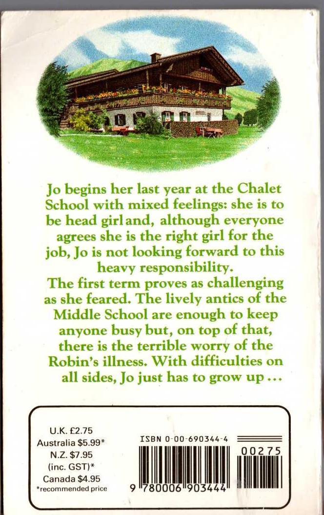 Elinor M. Brent-Dyer  THE CHALET SCHOOL AND JO magnified rear book cover image