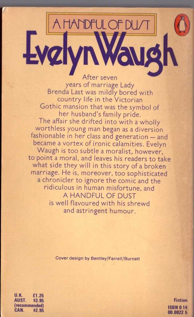 Evelyn Waugh  A HANDFUL OF DUST magnified rear book cover image