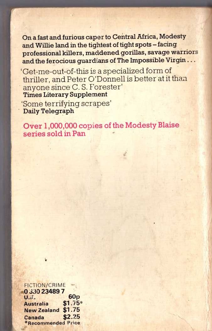 Peter O'Donnell  THE IMPOSSIBLE VIRGIN magnified rear book cover image