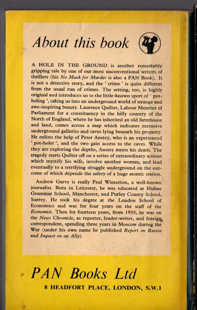 Andrew Garve  A HOLE IN THE GROUND magnified rear book cover image