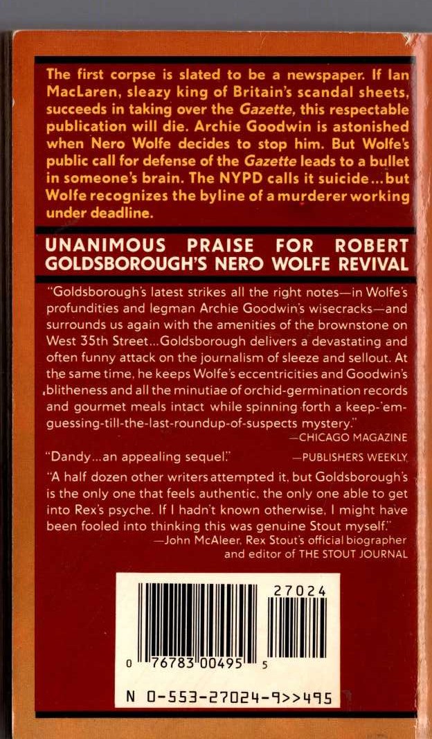 (Robert Goldsborough) DEATH ON DEADLINE (Nero Wolfe) magnified rear book cover image