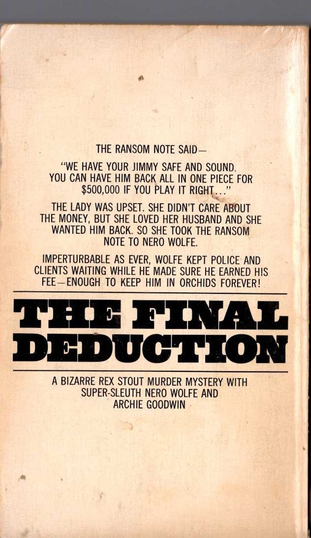Rex Stout  THE FINAL DEDUCTION magnified rear book cover image