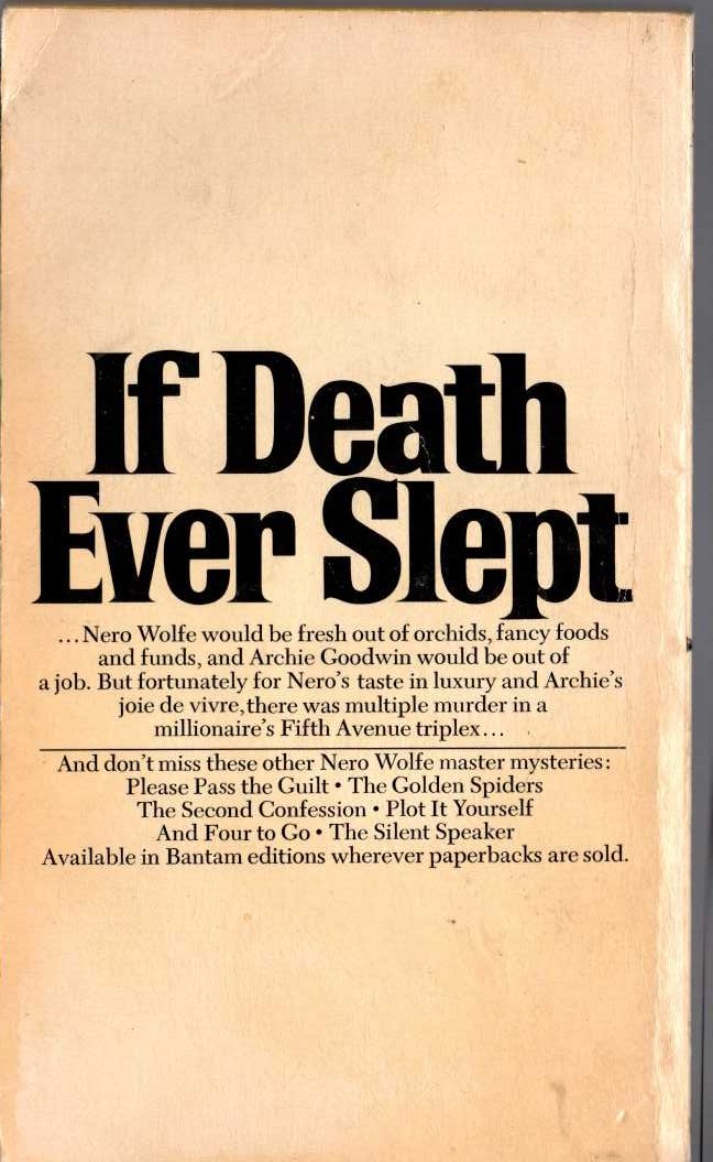 Rex Stout  IF DEATH EVER SLEPT magnified rear book cover image