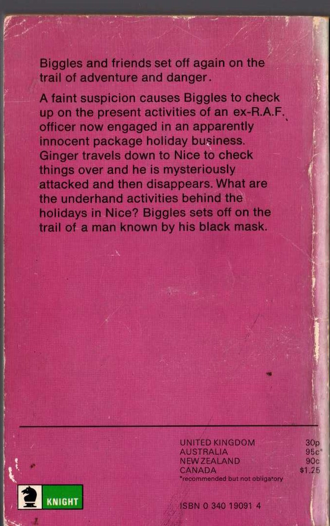 Captain W.E. Johns  BIGGLES AND THE BLACK MASK magnified rear book cover image