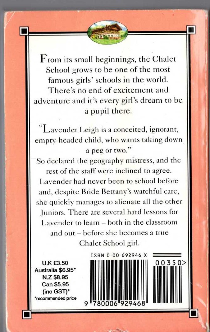 Elinor M. Brent-Dyer  LAVENDER LEIGH AT THE CHALET SCHOOL magnified rear book cover image