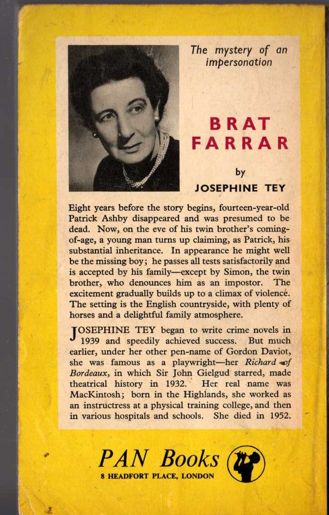 Josephine Tey  BRAT FARRAR magnified rear book cover image