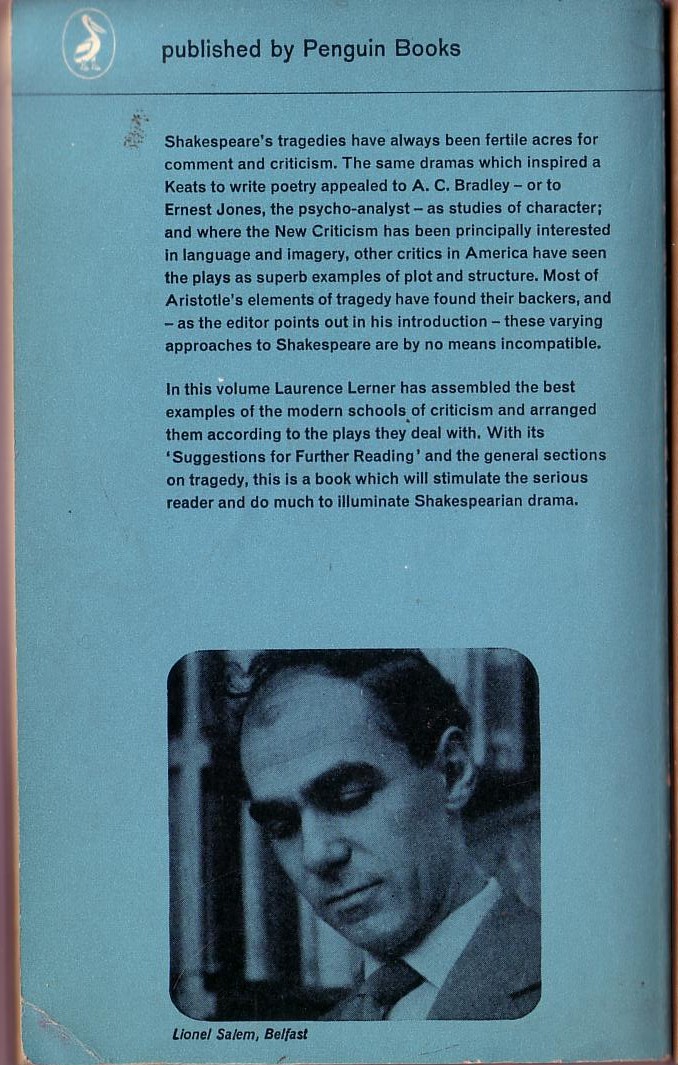 (Laurence Lerner Edits) SHAKESPEARE'S TRAGEDIES. an Anthology of Modern Criticism magnified rear book cover image