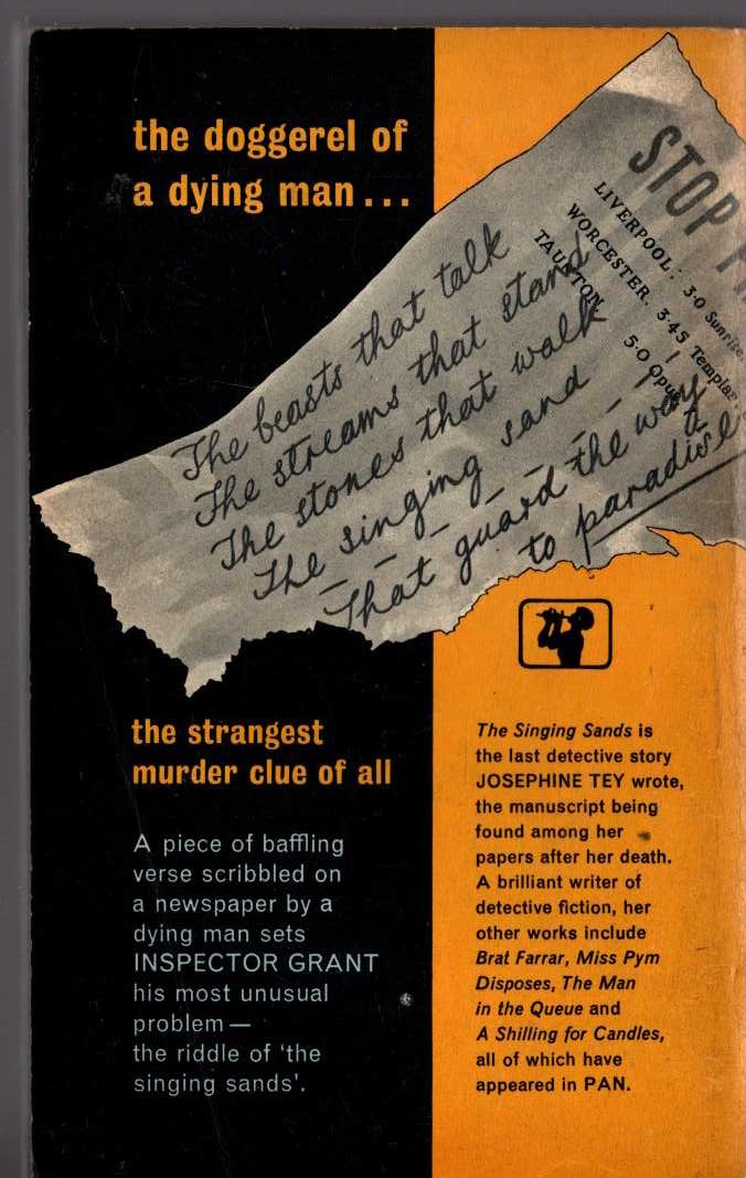 Josephine Tey  THE SINGING SANDS magnified rear book cover image