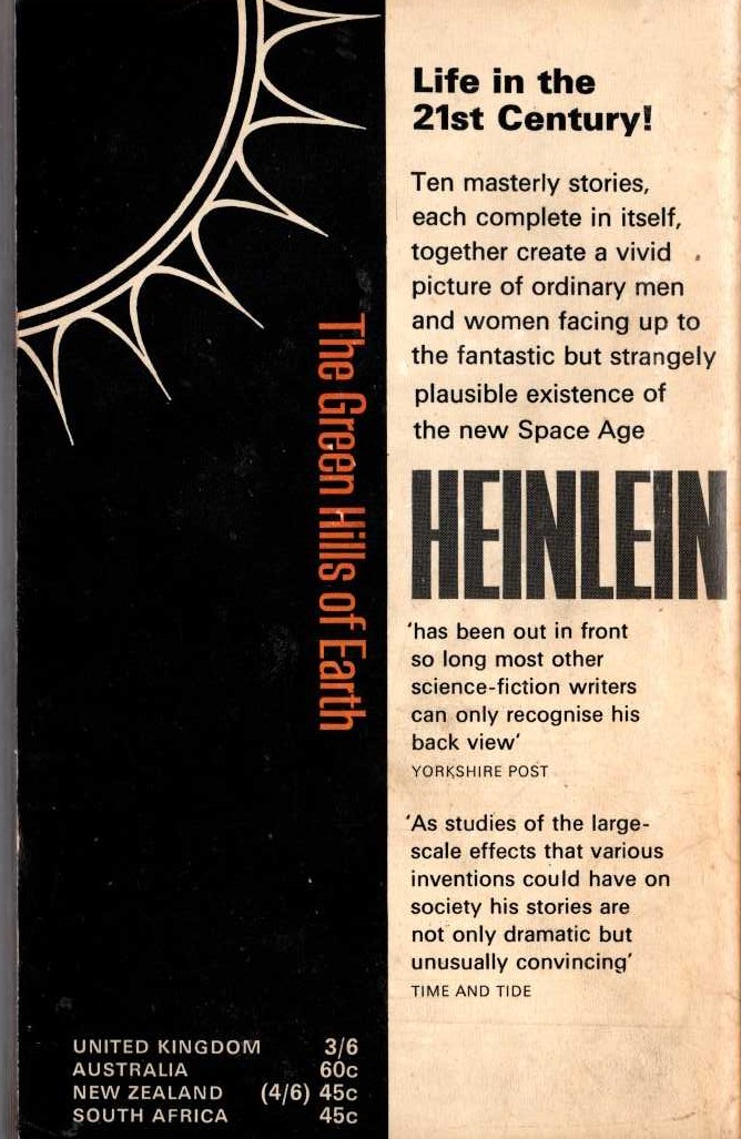 Robert A. Heinlein  THE GREEN HILLS OF EARTH magnified rear book cover image