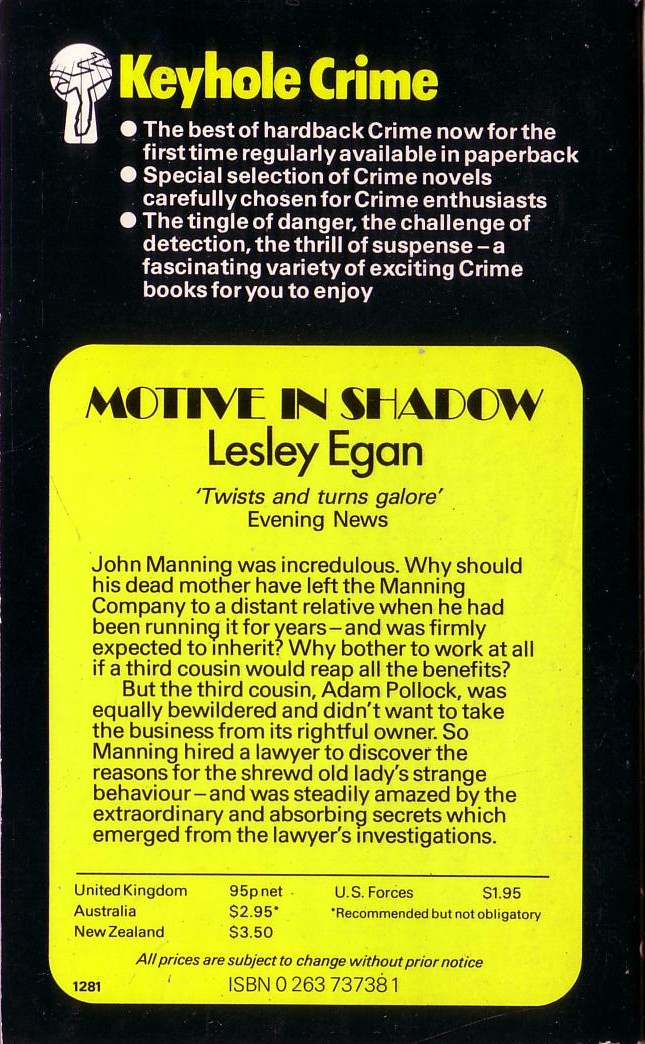 Lesley Egan  MOTIVE IN SHADOW magnified rear book cover image