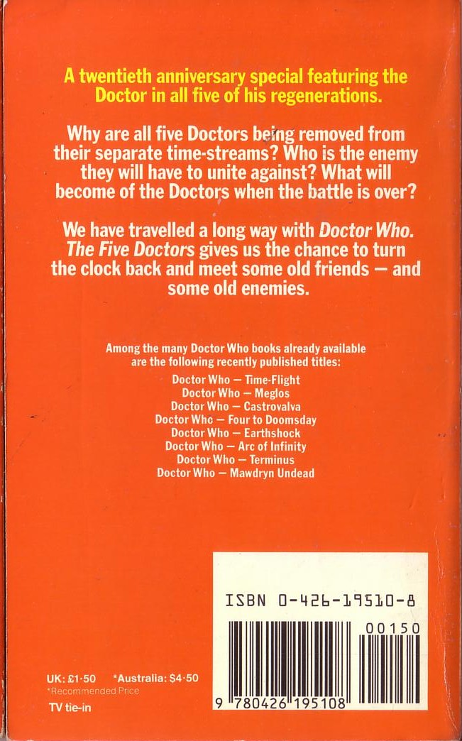 Terrance Dicks  DOCTOR WHO - THE FIVE DOCTORS magnified rear book cover image