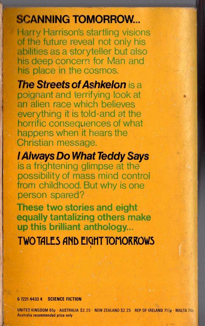 Harry Harrison  TWO TALES AND EIGHT TOMORROWS magnified rear book cover image