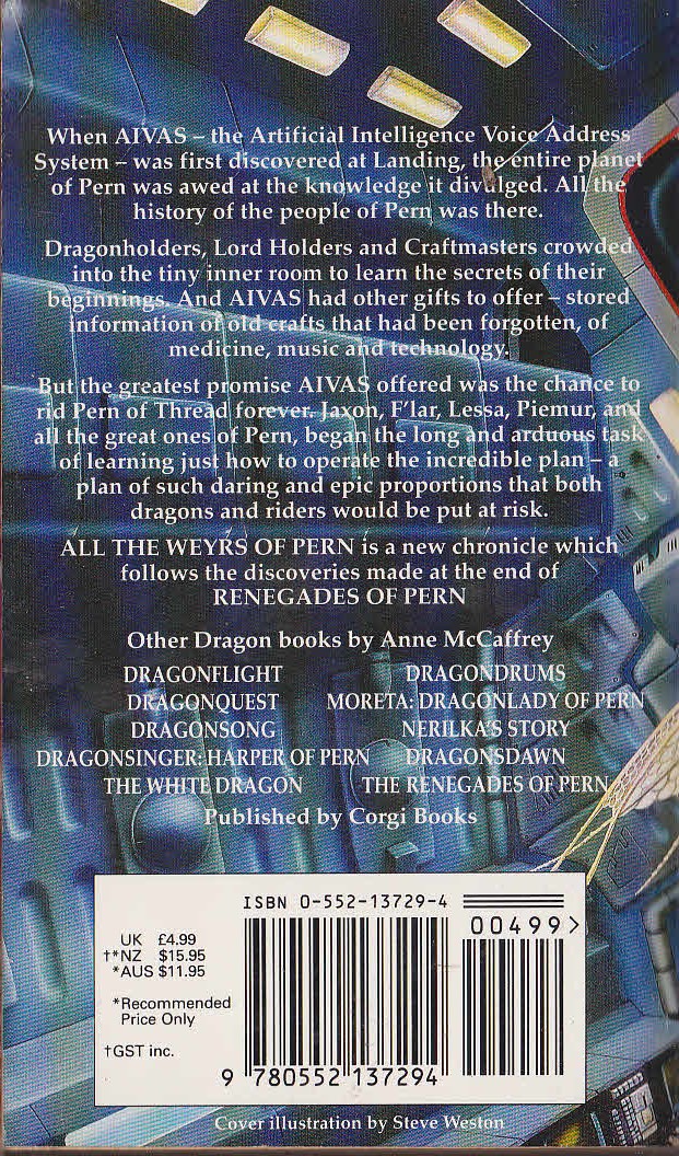 Anne McCaffrey  ALL THE WEYRS OF PERN magnified rear book cover image