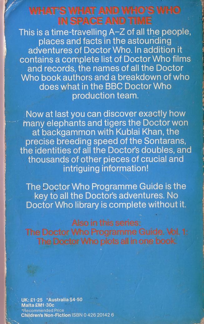 Jean-Marc Lofficier  THE DOCTOR WHO PROGRAMME GUIDE. Volume 2. What's What and Who's Who magnified rear book cover image