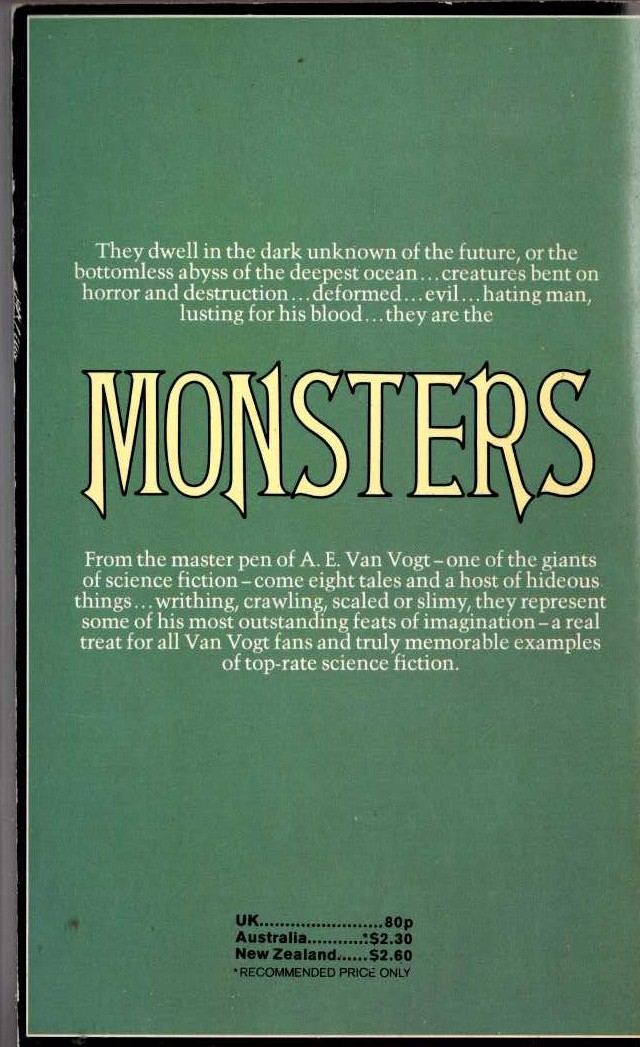 A.E. van Vogt  MONSTERS magnified rear book cover image