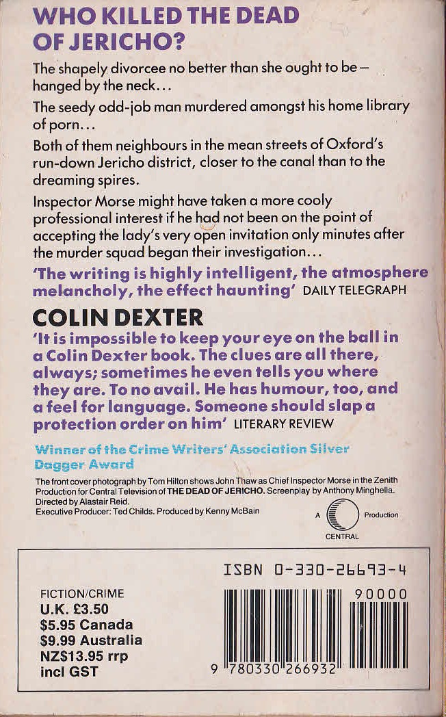 Colin Dexter  THE DEAD OF JERICHO (John Thaw: TV tie-in) magnified rear book cover image