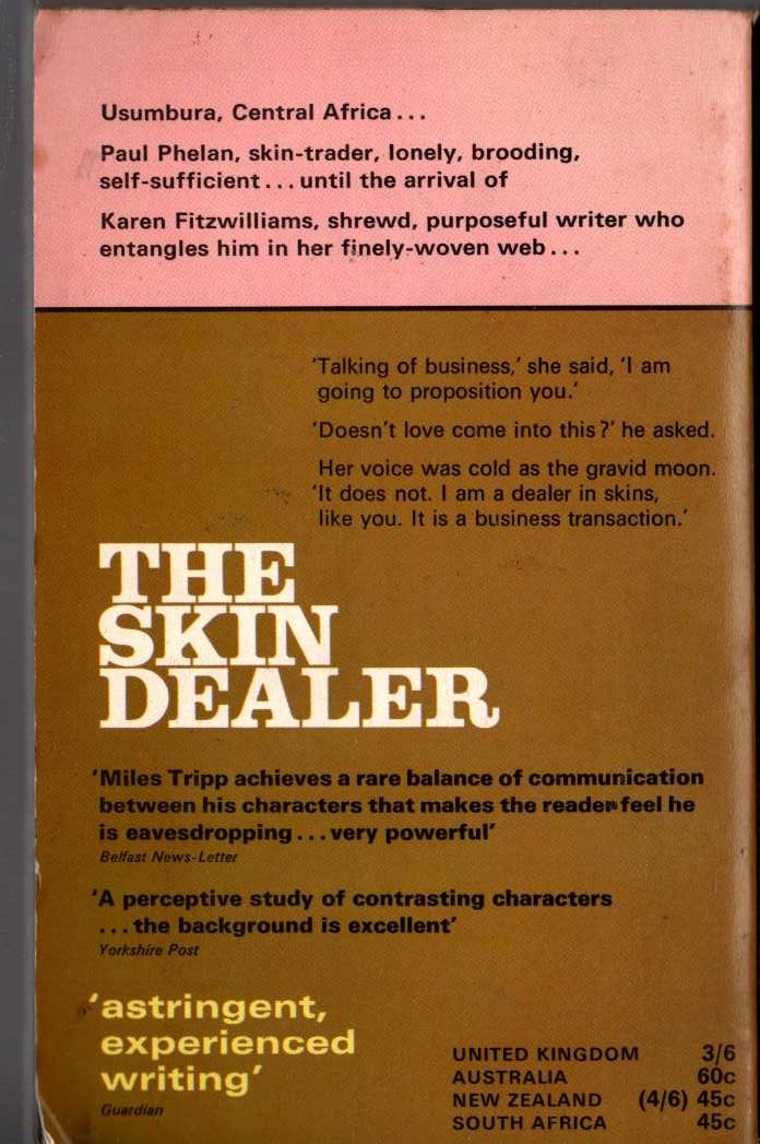 Miles Tripp  THE SKIN DEALER magnified rear book cover image