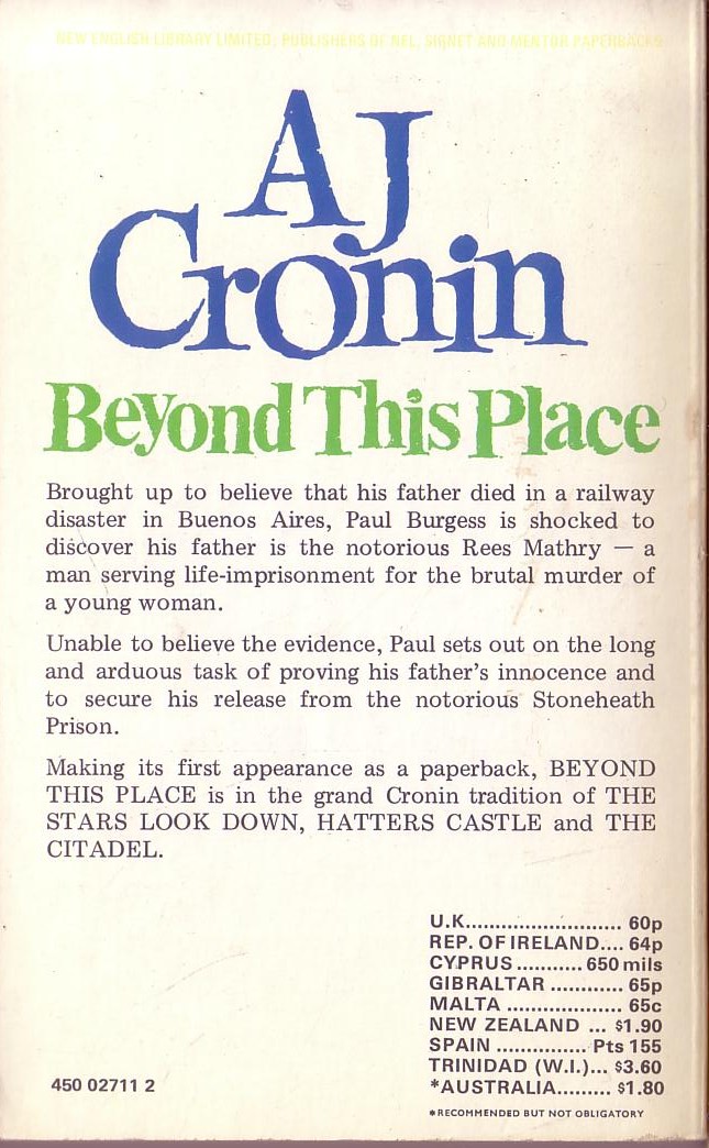 A.J. Cronin  BEYOND THIS PLACE magnified rear book cover image