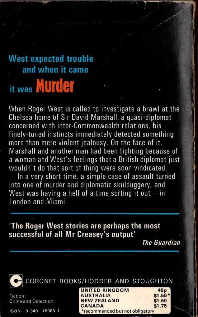 John Creasey  MURDER, LONDON - MIAMI (Roger West) magnified rear book cover image