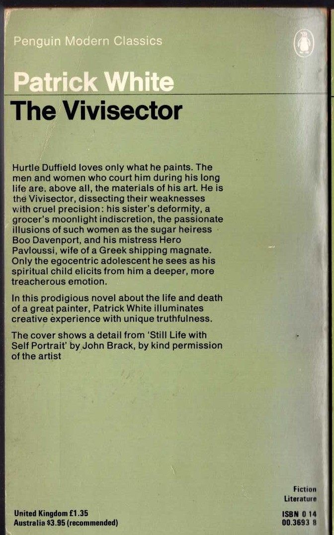 Patrick White  THE VIVISECTOR magnified rear book cover image