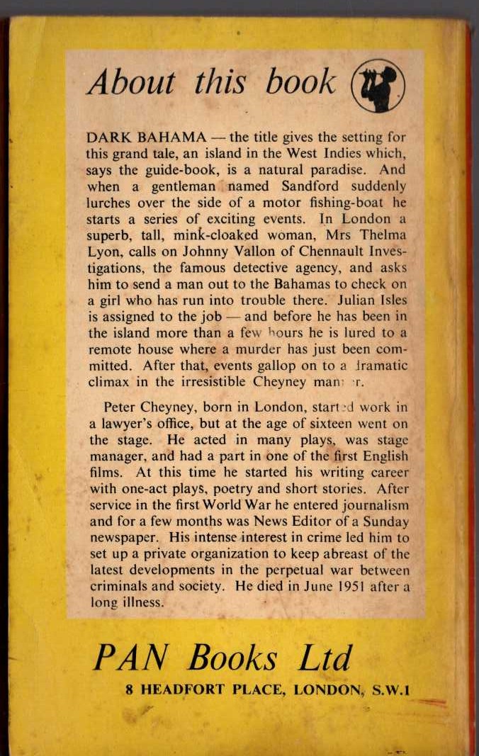 Peter Cheyney  DARK BAHAMA magnified rear book cover image