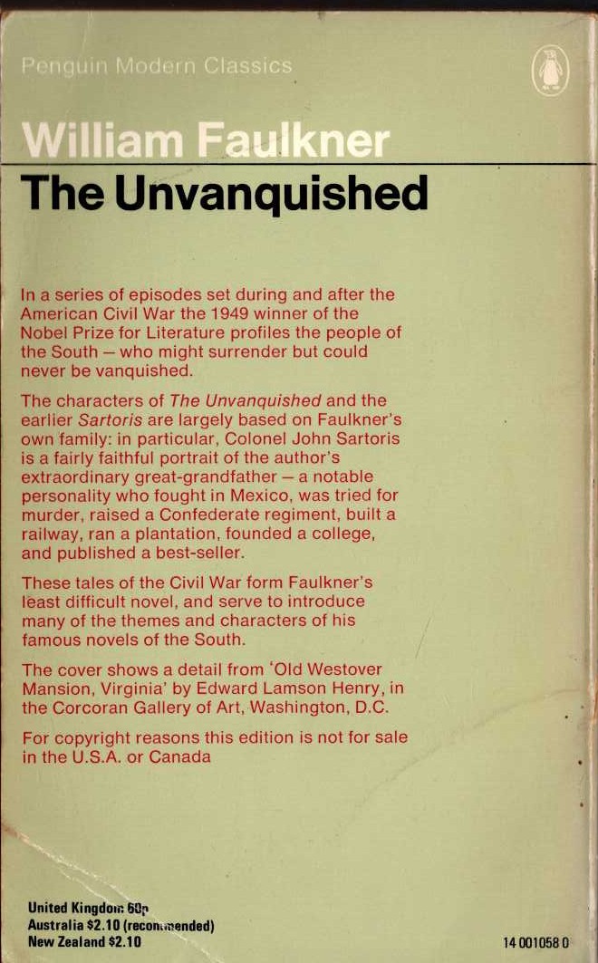 William Faulkner  THE UNVANQUISHED magnified rear book cover image