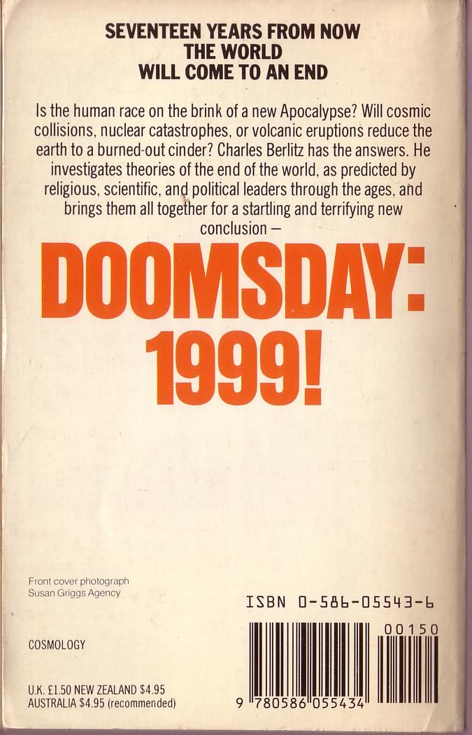 Charles Berlitz  DOOMSDAY 1999 magnified rear book cover image