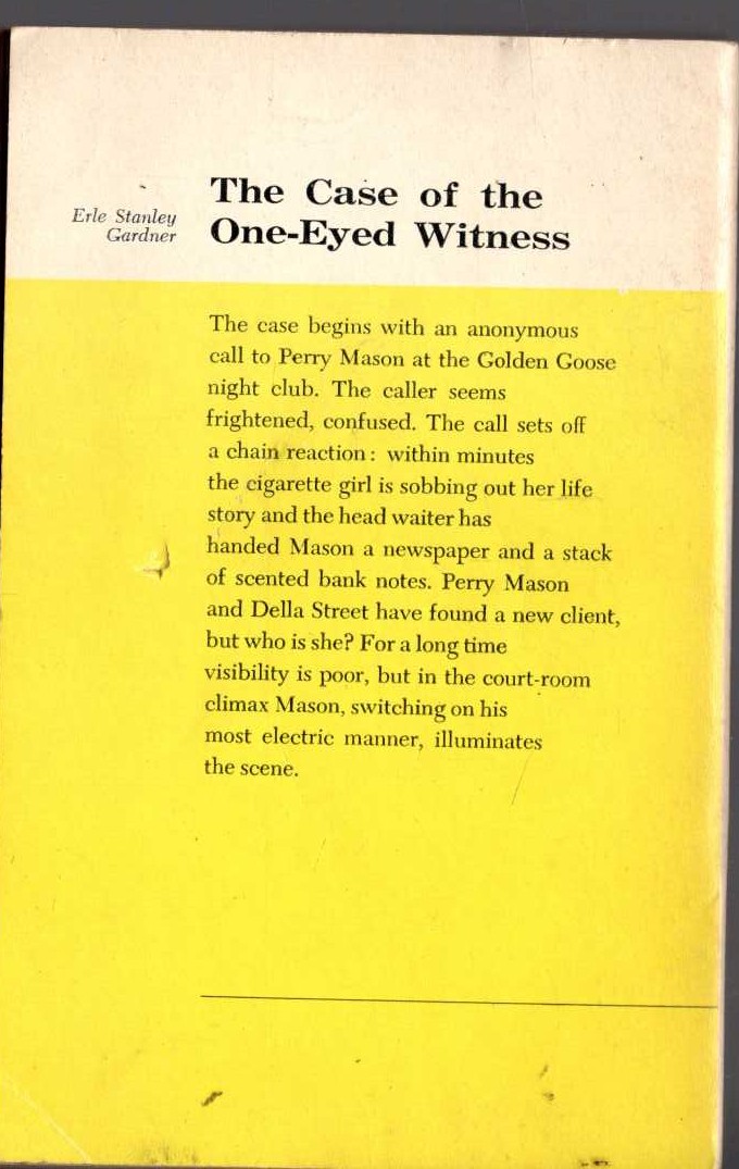 Erle Stanley Gardner  THE CASE OF THE ONE-EYED WITNESS magnified rear book cover image