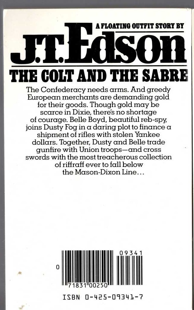 J.T. Edson  THE COLT AND THE SABRE magnified rear book cover image