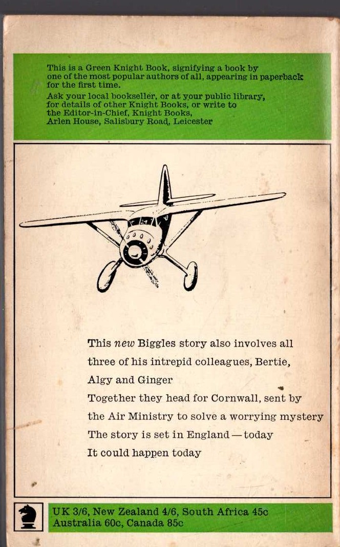Captain W.E. Johns  BIGGLES AND THE DARK INTRUDER magnified rear book cover image