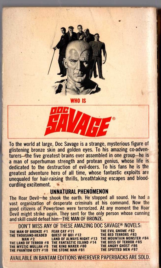 Kenneth Robeson  DOC SAVAGE: THE ROAR DEVIL magnified rear book cover image