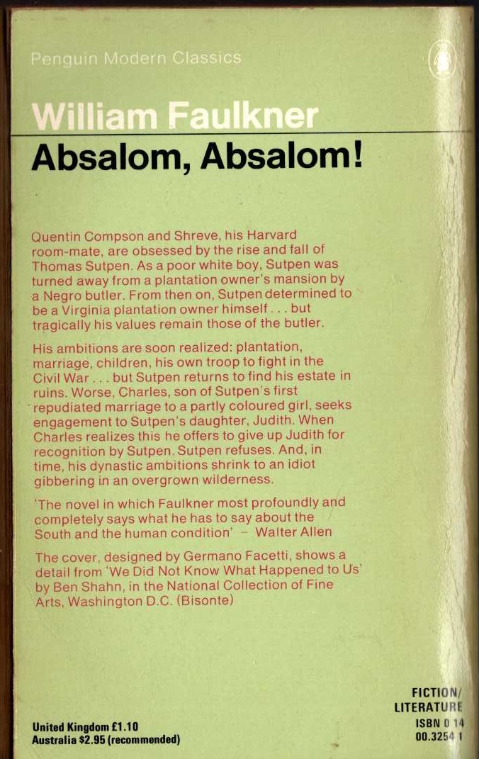 William Faulkner  ABSALOM, ABSALOM! magnified rear book cover image