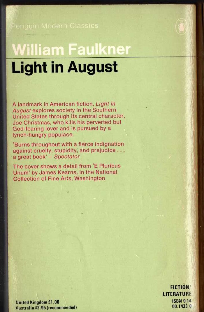 William Faulkner  LIGHT IN AUGUST magnified rear book cover image