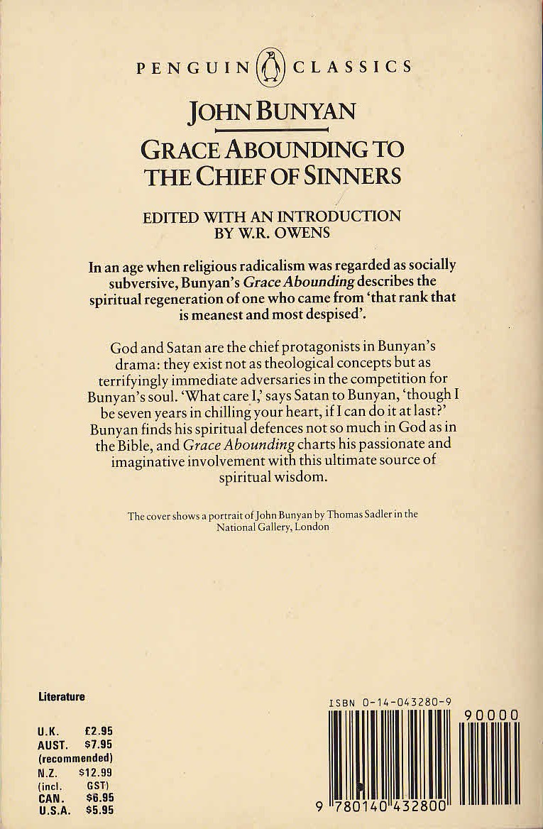 John Bunyan  GRACE ABOUNDING TO THE CHIEF OF SINNERS magnified rear book cover image