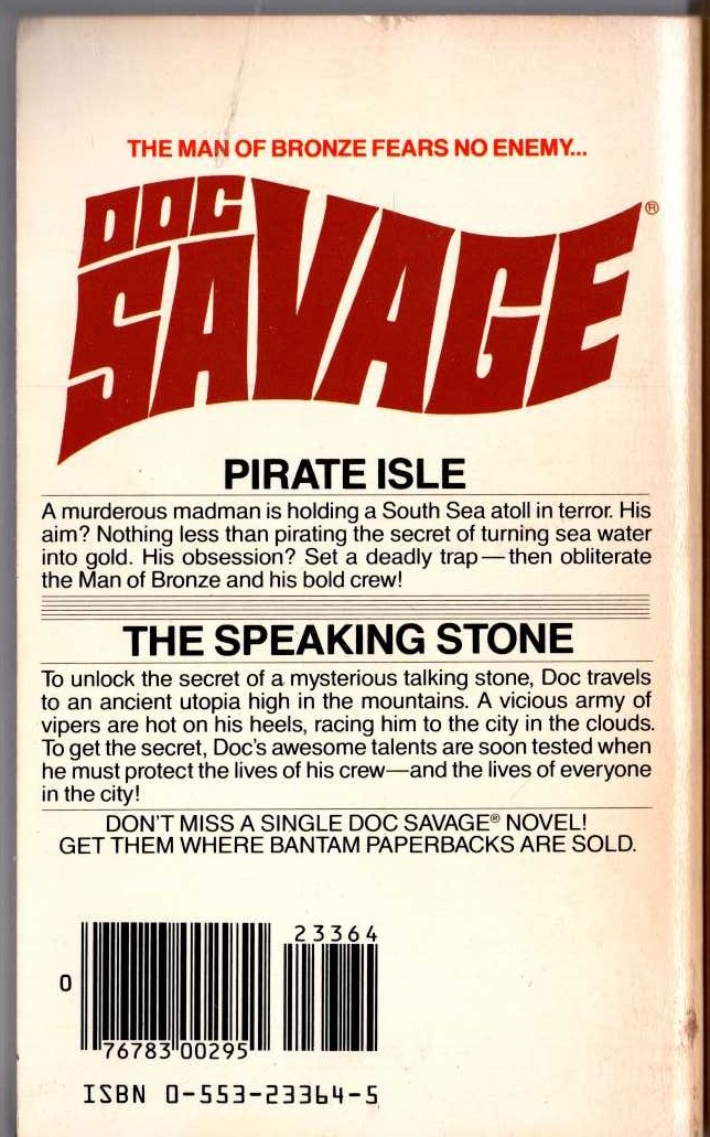 Kenneth Robeson  DOC SAVAGE: PIRATE ISLE and THE SPEAKING STONE magnified rear book cover image