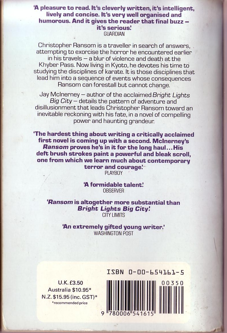 Jay McInerney  RANSOM magnified rear book cover image