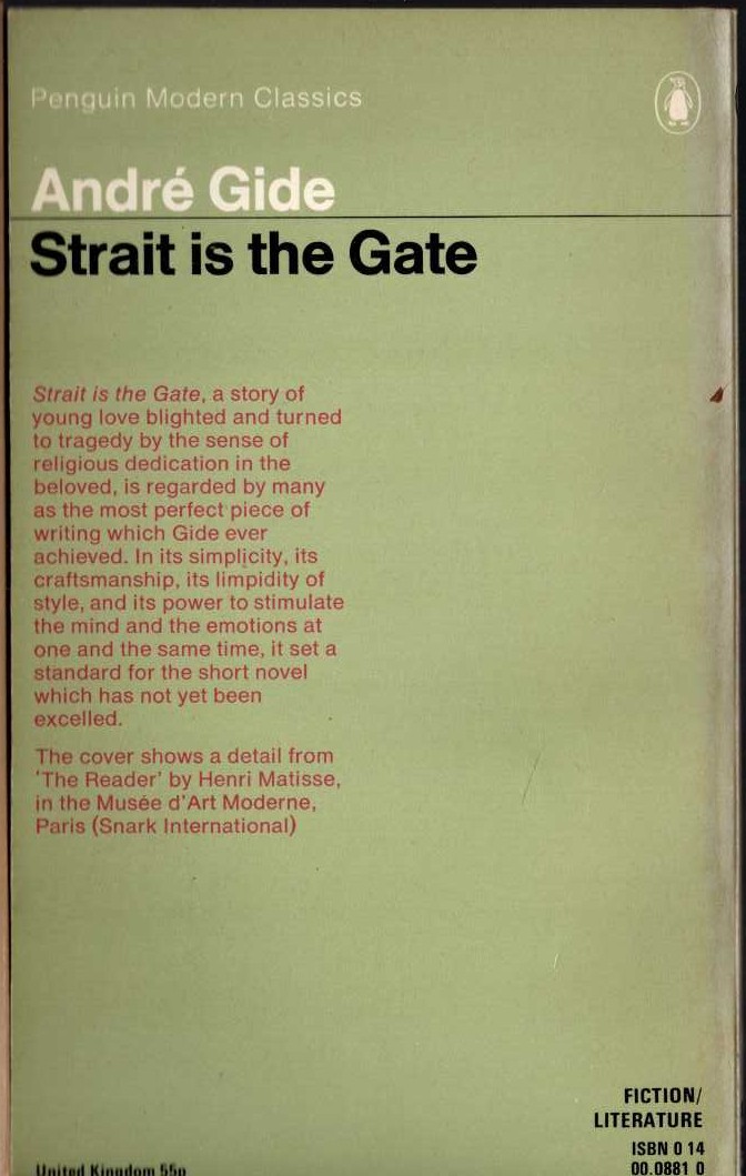 Andre Gide  STRAIT IS THE GATE magnified rear book cover image