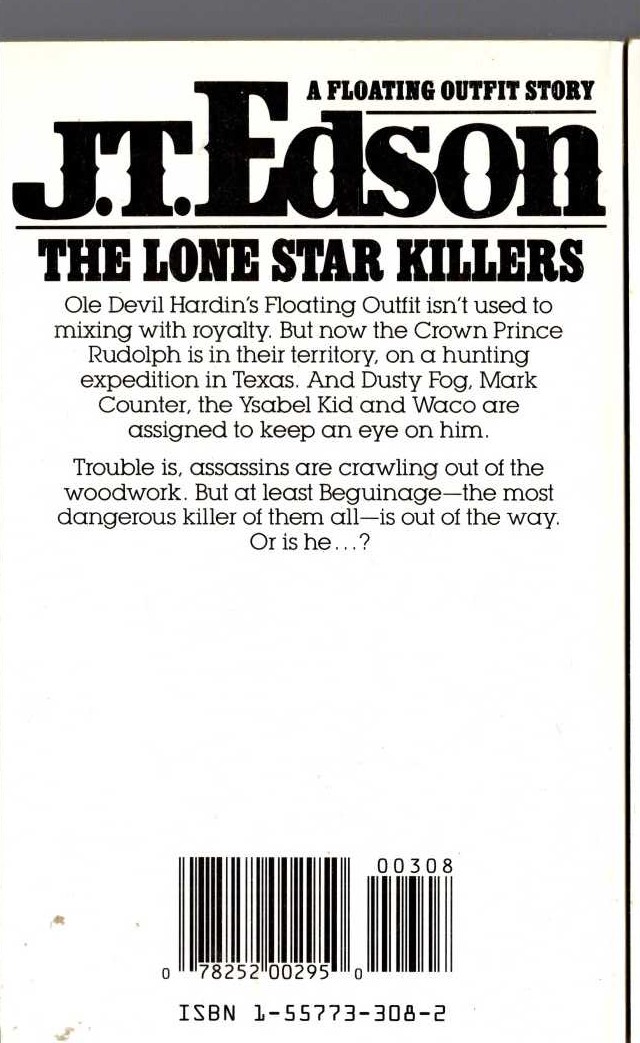 J.T. Edson  THE LONE STAR KILLERS [ U.K. title: BEGUINAGE IS DEAD] magnified rear book cover image