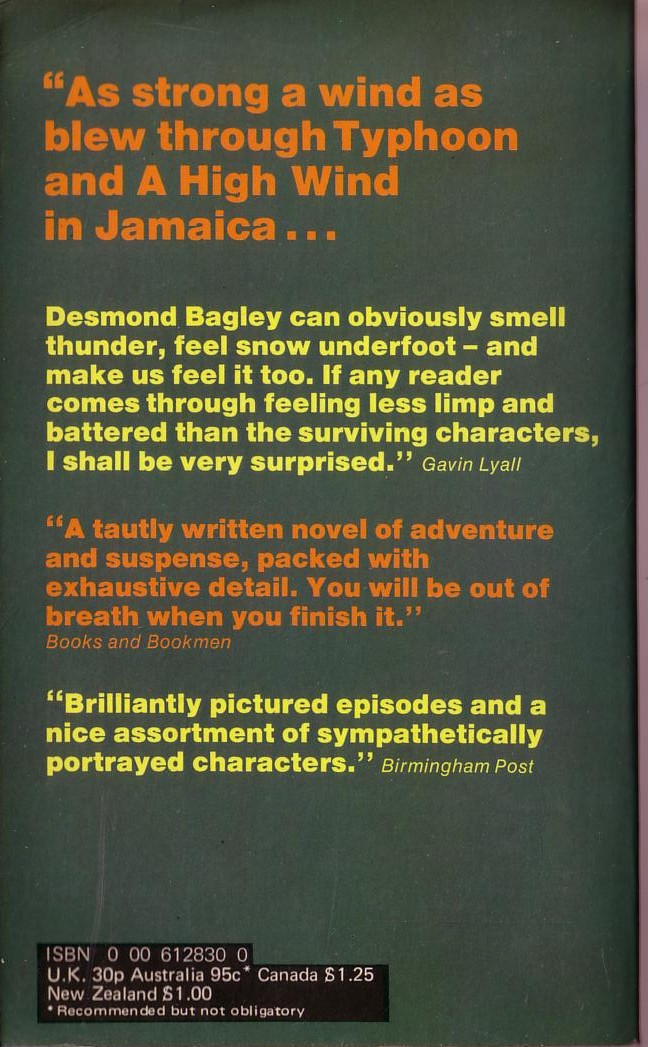 Desmond Bagley  WYATT'S HURRICANE magnified rear book cover image